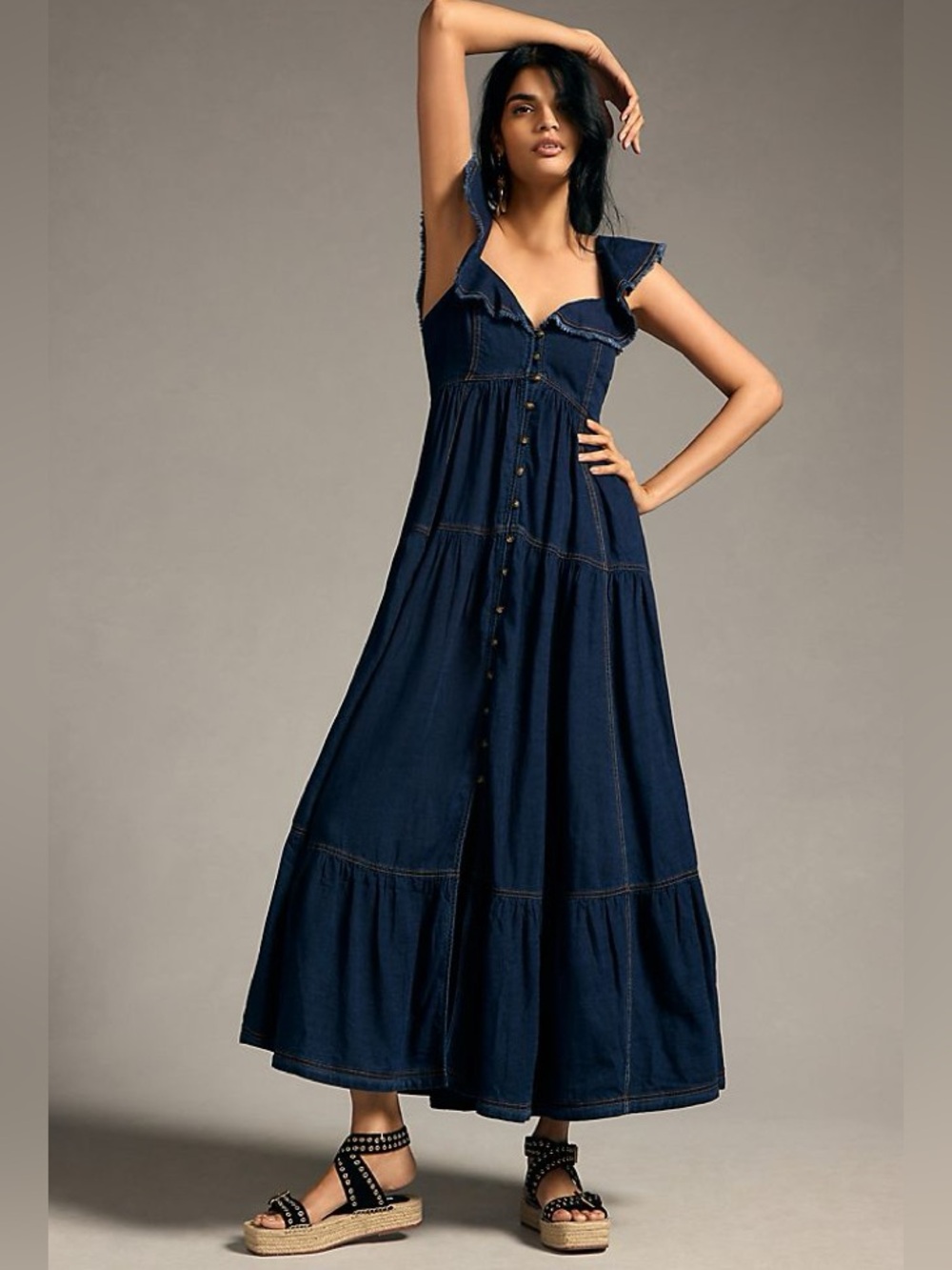 Pilcro Sweetheart Flutter Sleeve Denim Button Down Dress